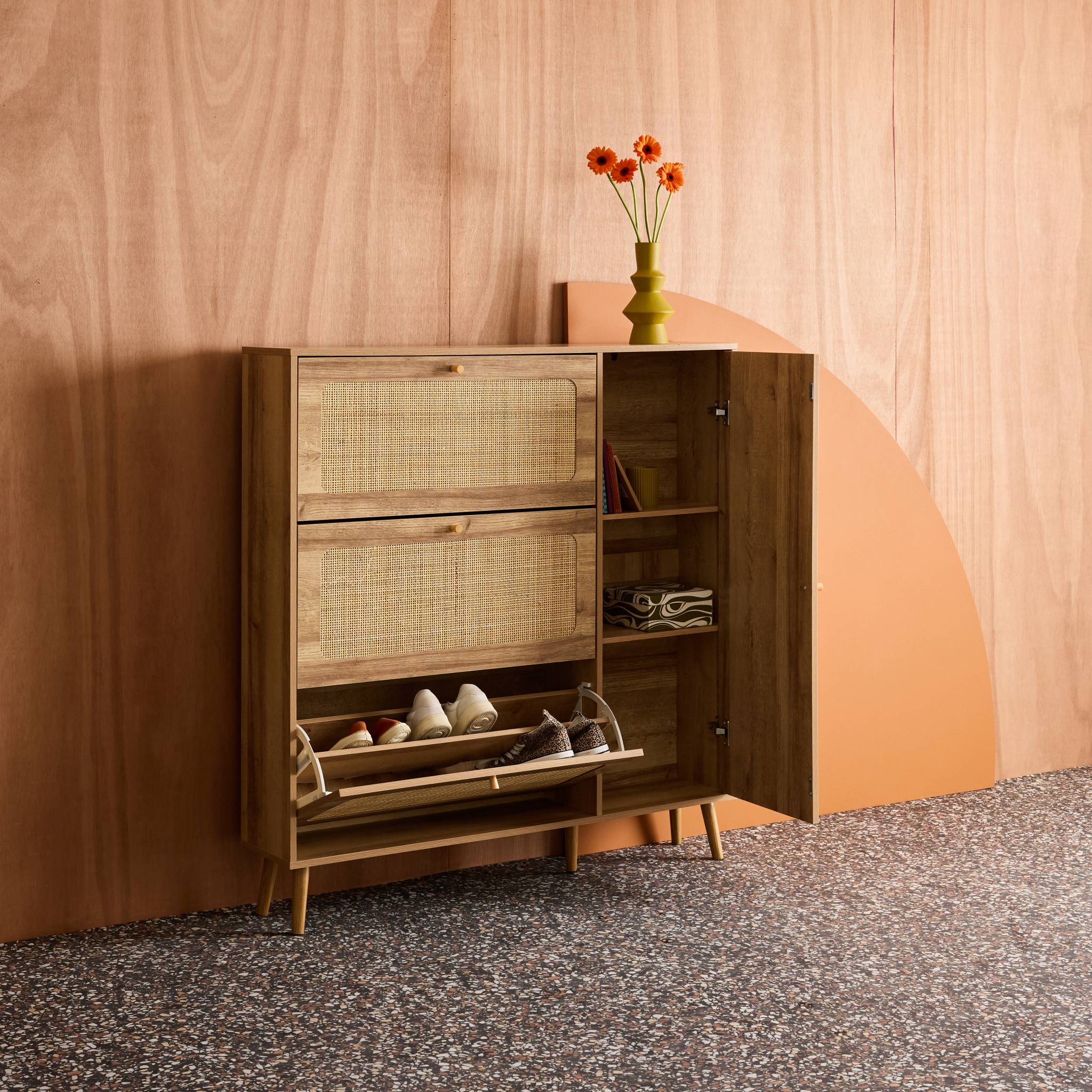 Meuble à chaussures décor bois et cannage 3 abattants 1 porte BOHÈME