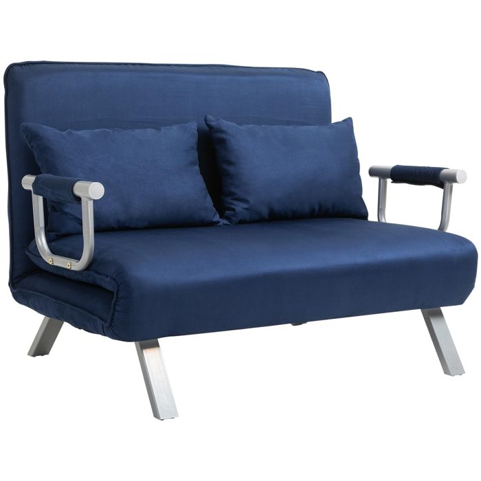 Canapé-lit canapé convertible 2 places déhoussable grand confort 2 coussins fournis pieds accoudoirs métal suède bleu