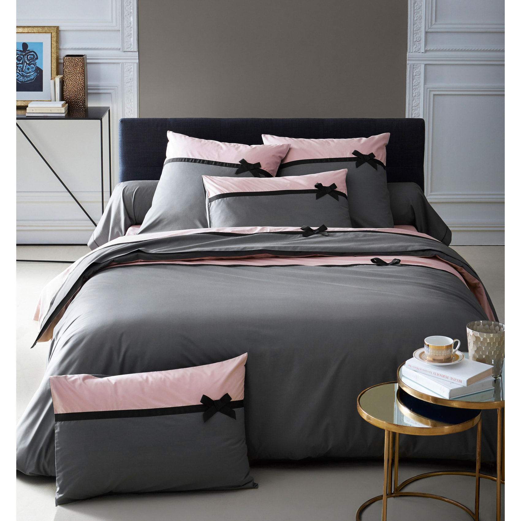 Housse de couette frou frou anthracite nœud - Gris anthracite