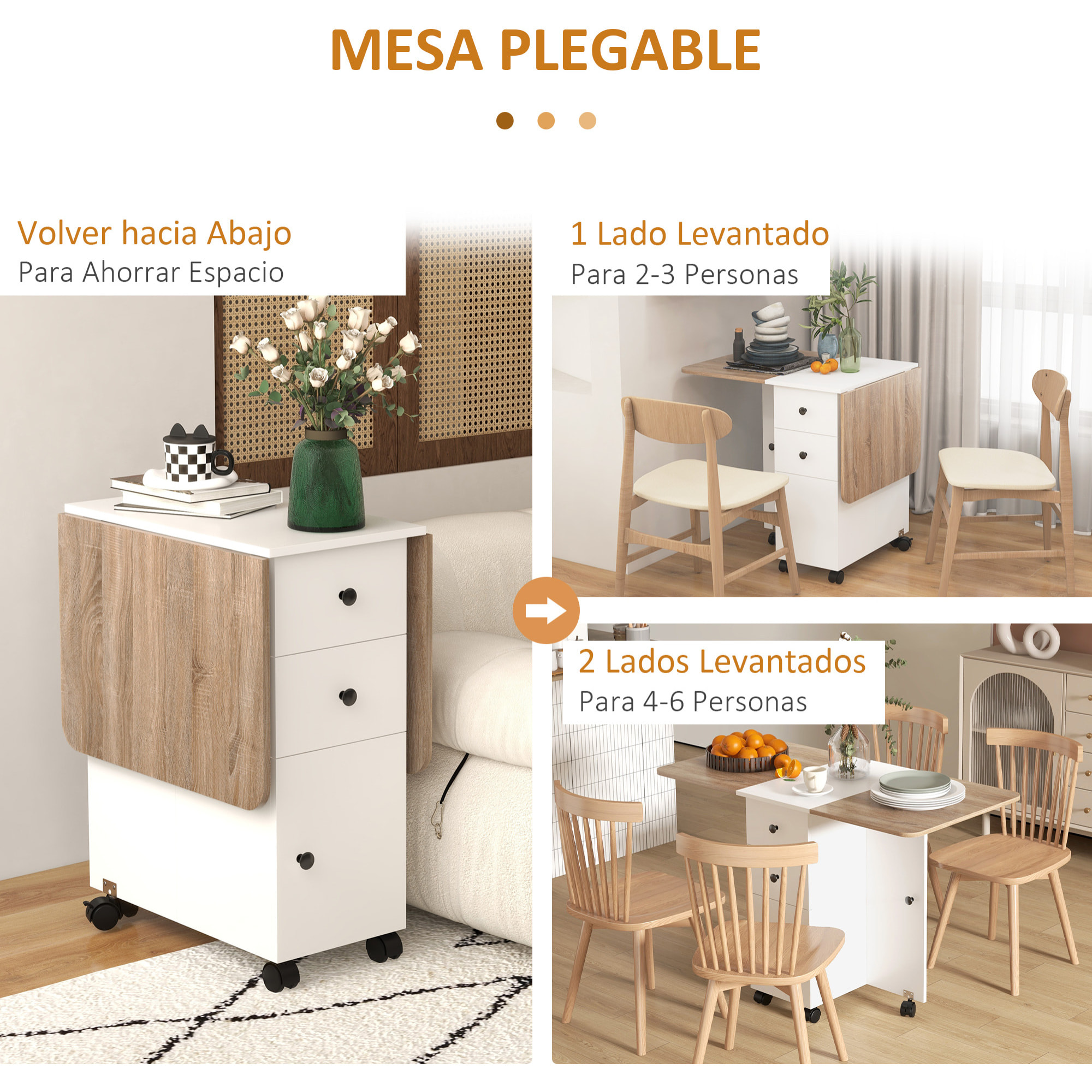 Mesa Plegable de Comedor, Mesa de Cocina Plegable, con Ruedas, Alas Abatibles, 2 Cajones, Estante y Armario, Hasta 6 Personas, para Salón, Espacio Pequeño, 120x60x76,5 cm, Blanco y Natural