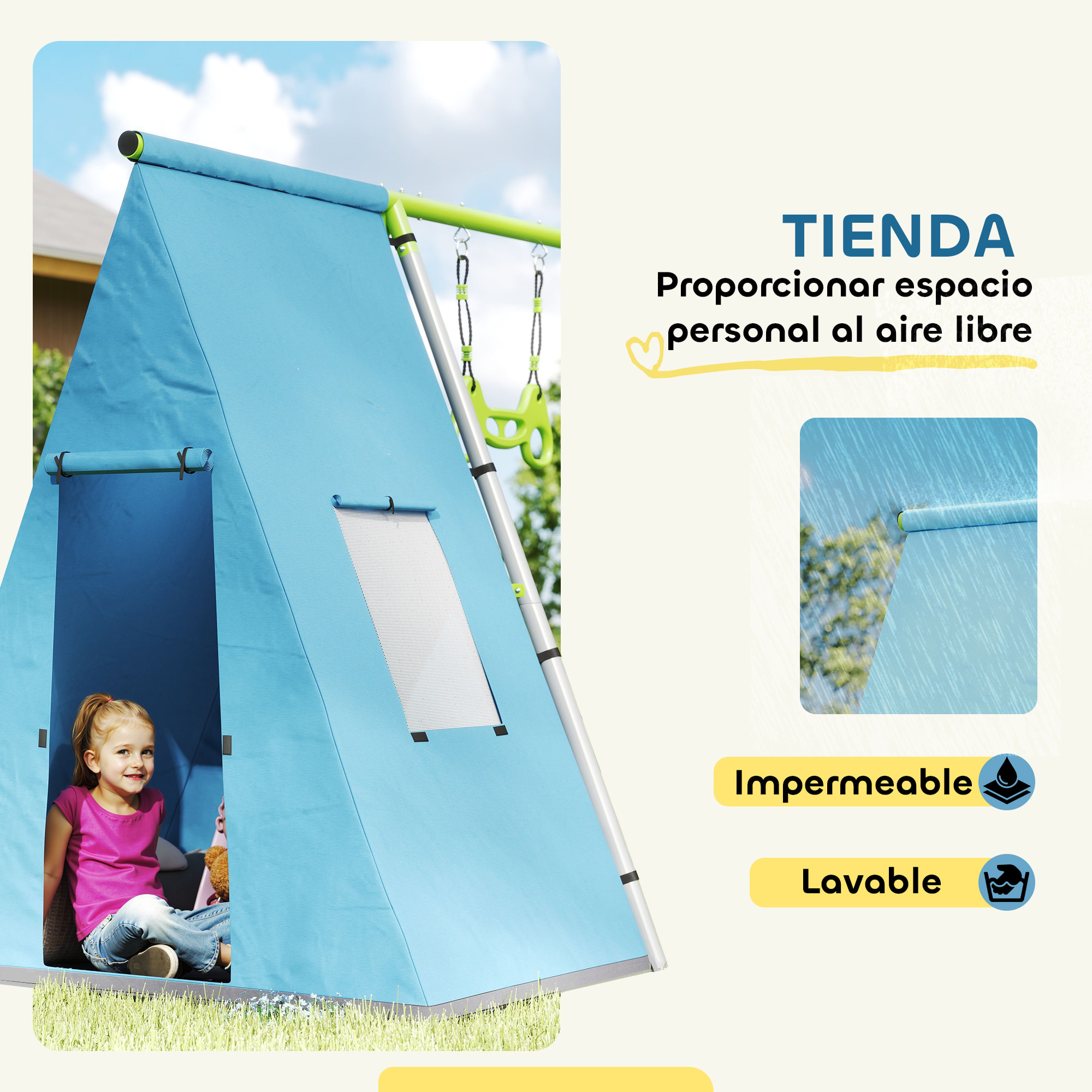 Columpio para Niños de +3 Años 3 en 1 Columpio Jardín Exterior con Columpio Anillas de Gimnasia y Tienda Estructura Metálica Verde