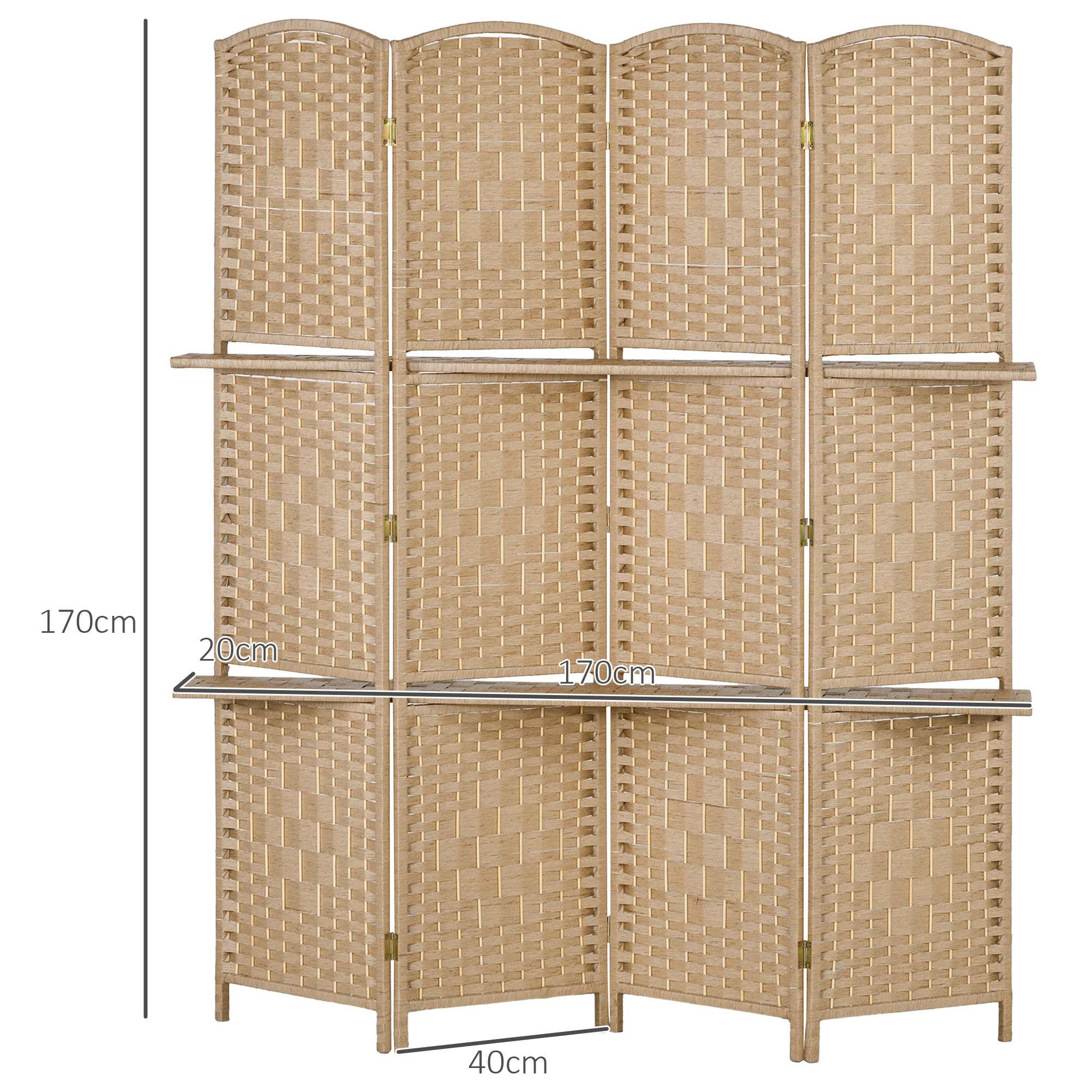 Biombo Separador de Ambientes de 4 Paneles 160x170 cm con 2 Estantes de Exhibición Pantalla de Privacidad Plegable Divisor para Oficina Dormitorio Natural