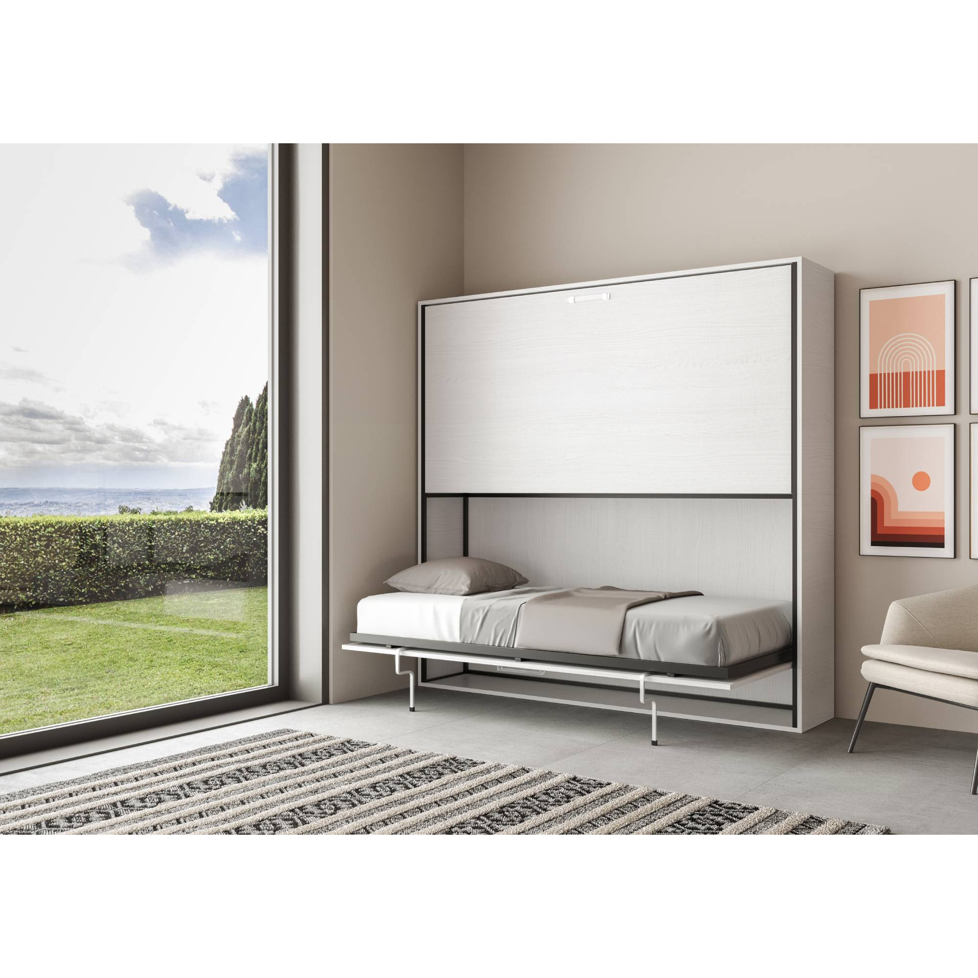 Armoire Lit escamotable horizontal superposé 2 couchages 85 KANDO Frêne Blanc