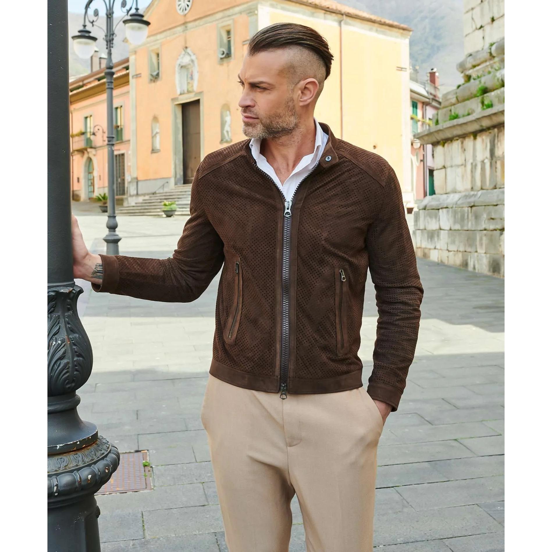 Giacca in pelle camoscio traforato colore marrone