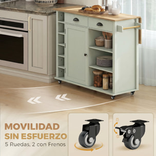 Isla de Cocina con Tablero Plegable y Ruedas, Mueble Auxiliar de Cocina con Especiero, Toallero, Armario, 2 Cajones, Estantes Abiertos, 117,5x70x91 cm, Verde Claro