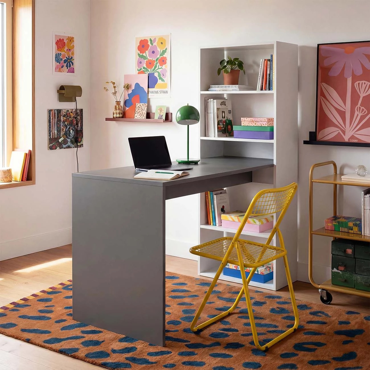 Mesa de escritorio con estantería en blanco artik y gris antracita 120x50 cm Cosmic Blanco Artik (Blanco Mate) - Gris Grafito