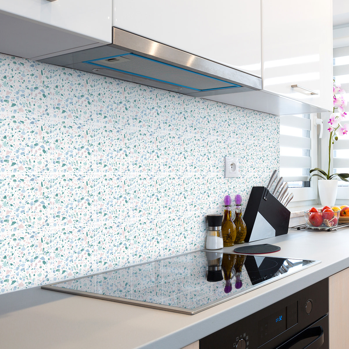 Stickers muraux - Sticker Mural Carrelage adhésif Cuisine Salle de Bain - 24 STICKERS CARREAUX DE CIMENT TERRAZZO SANA