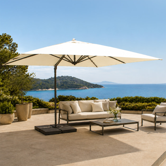 Parasol rectangulaire 4x3m déporté rotatif écru en aluminium GHAZIE