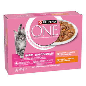 PURINA ONE Chat Kitten Effilés Sauce Saumon Poulet 8x85g - Lot de 10
