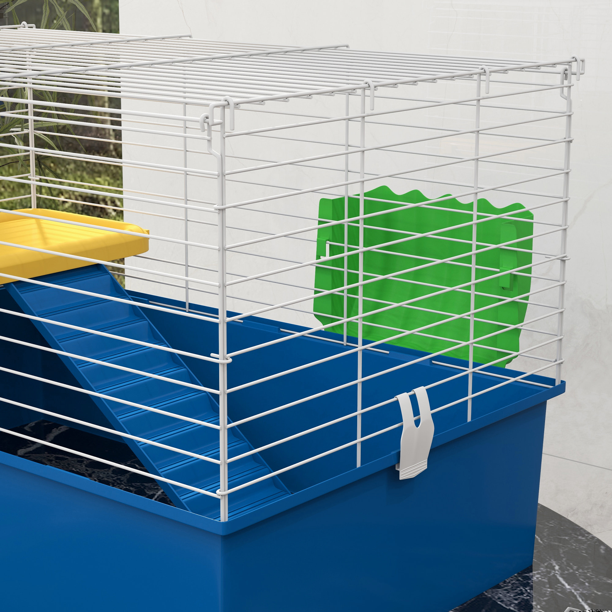 Jaula para Hurones con Bandeja Inferior Jaula para Animales Pequeños con Plataforma con Rampa Comedero y Bebedero Recinto para Conejos Pequeños Chinchillas Cobayas 71x46x47 cm Blanco y Azul