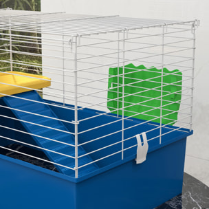 Jaula para Hurones con Bandeja Inferior Jaula para Animales Pequeños con Plataforma con Rampa Comedero y Bebedero Recinto para Conejos Pequeños Chinchillas Cobayas 71x46x47 cm Blanco y Azul
