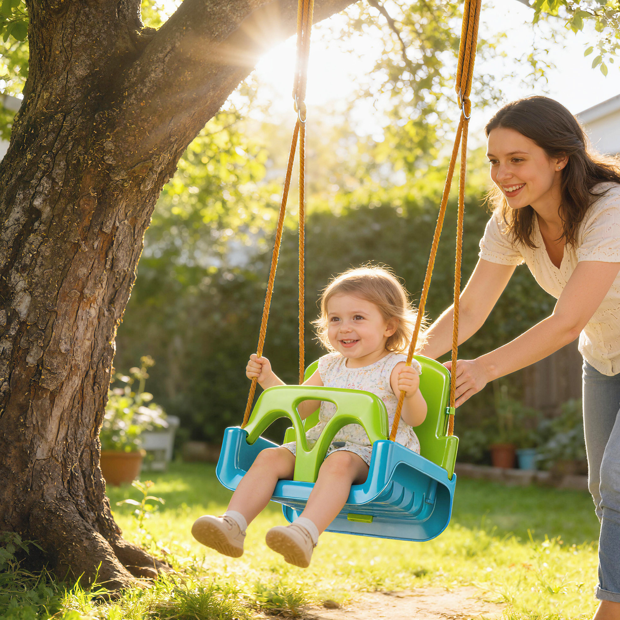 Columpio Infantil 3 en 1, Columpio para Niños, Cuerda Ajustable, con Respaldo Desmontable, Barra en T, Cinturón de Seguridad, para Interior, Exterior, Solo Asiento, Verde Oscuro