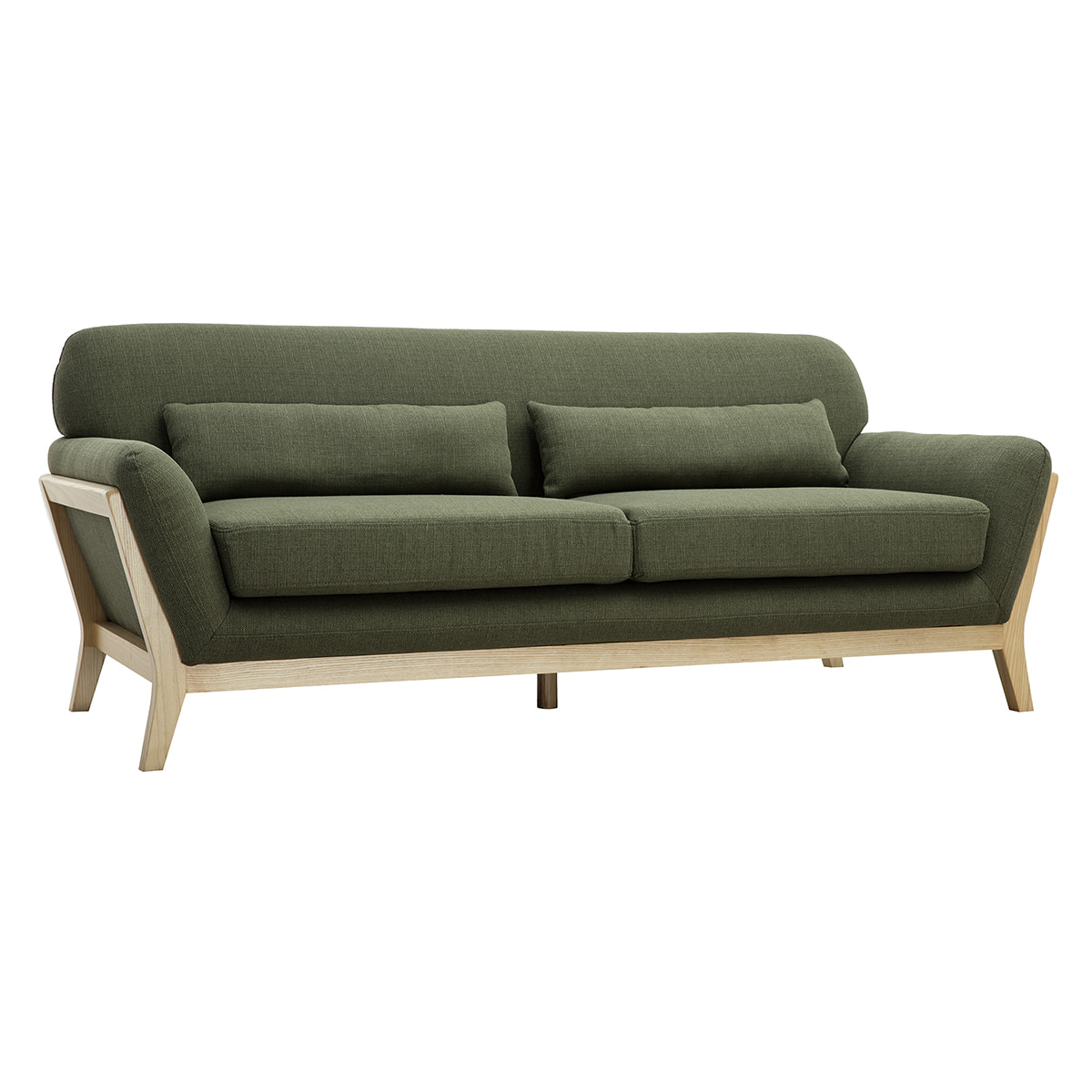 Canapé scandinave 3 places en tissu vert kaki et bois clair YOKO