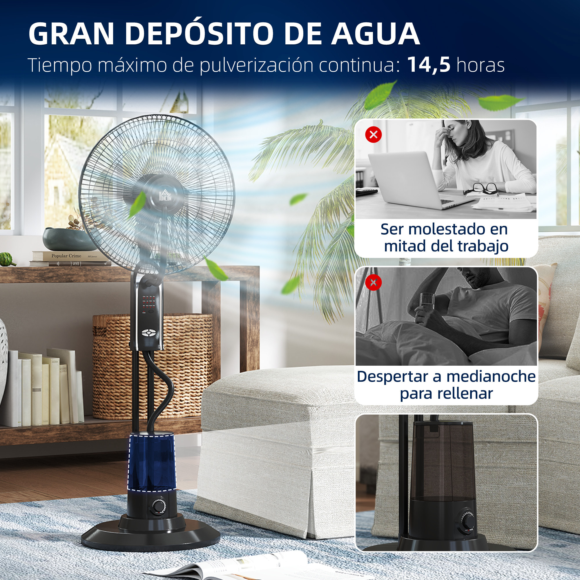 Ventilador Nebulizador Ventilador de Pie con Agua Oscilante 75 W Temporizador Tanque 3,2L Mando a Distancia 3 Velocidades 3 Aspas y Pantalla LED Ø44,5 cm Negro