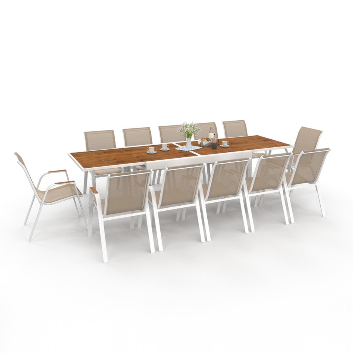 Ensemble repas extensible Timbia 12 places blanc verre trempé effet bois