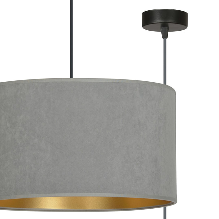Lampada a sospensione Hilde con paralume in velluto grigio e interno oro
