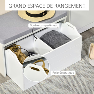 Banc de rangement avec coussin gris - meuble à chaussures - banc à chaussures avec grand tiroir double compartiment - MDF blanc