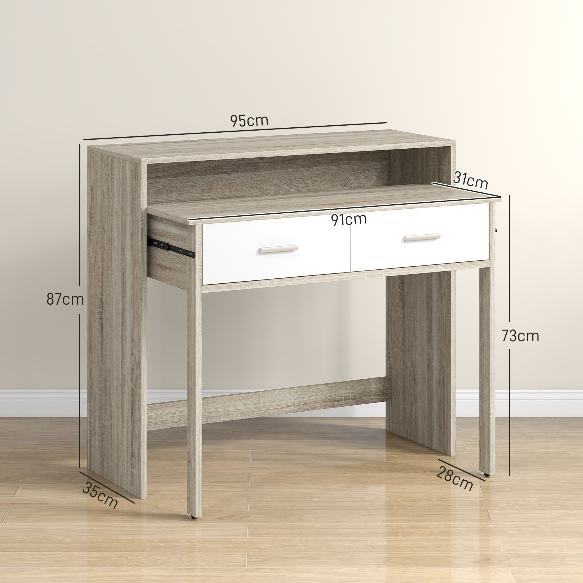 Console secrétaire 2 en 1 - plateau coulissant, 2 tiroirs - dim. 95L x 35P x 87H cm - blanc naturel