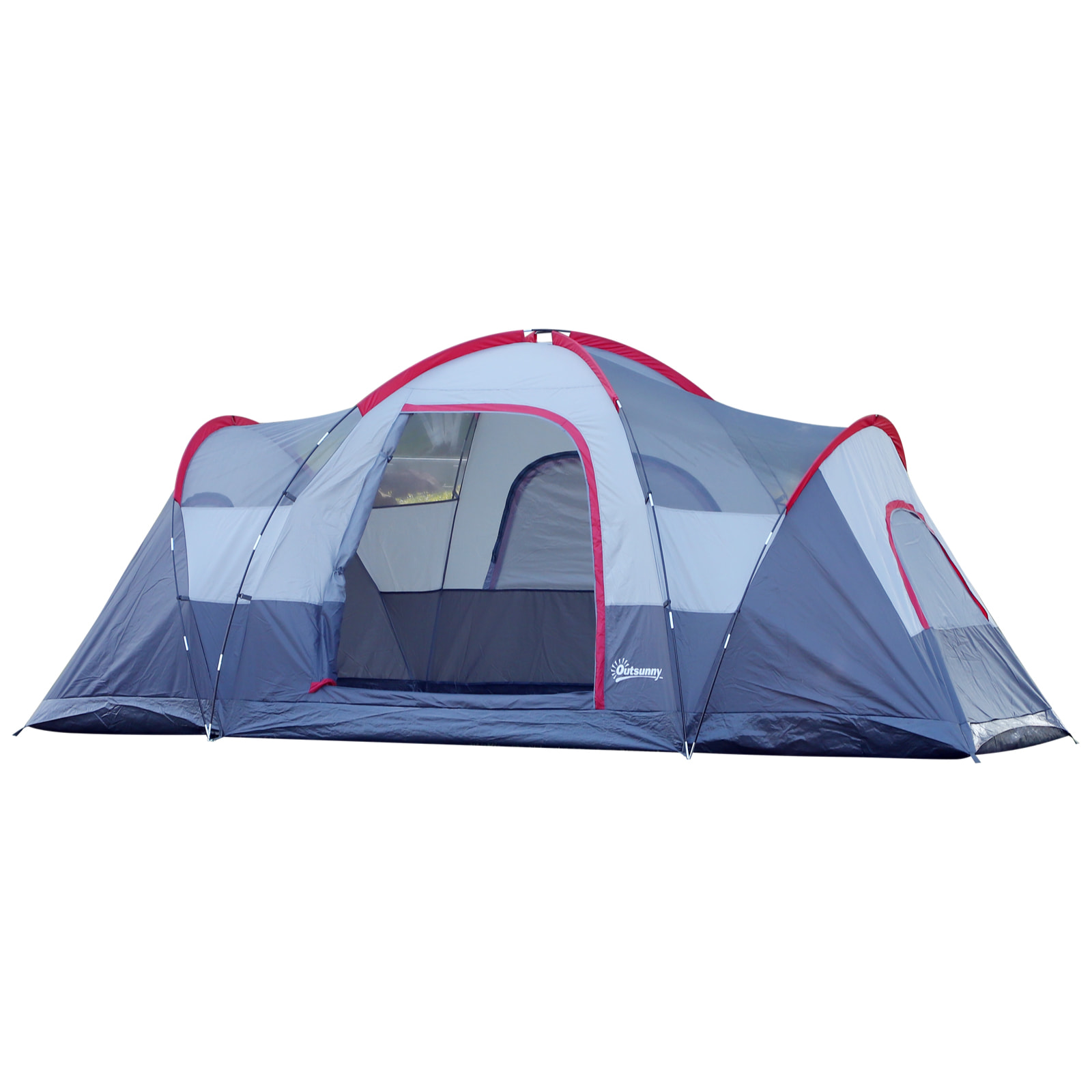 Tente de camping familiale 5-6 pers. - grande porte + 3 fenêtres - fibre verre polyester oxford gris rouge