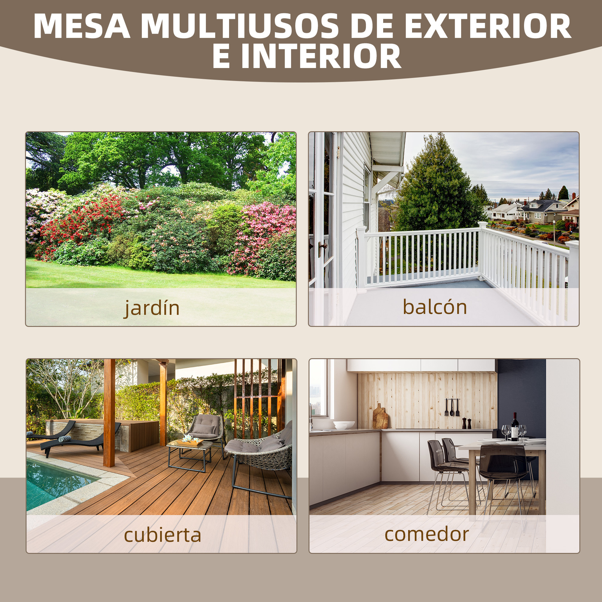 Mesa de Jardín de Madera Mesa de Terraza Exterior 110x60x65 cm con Patas en Forma de Rueda Carga 100 kg Mesa para Exterior Patio Madera Carbonizada