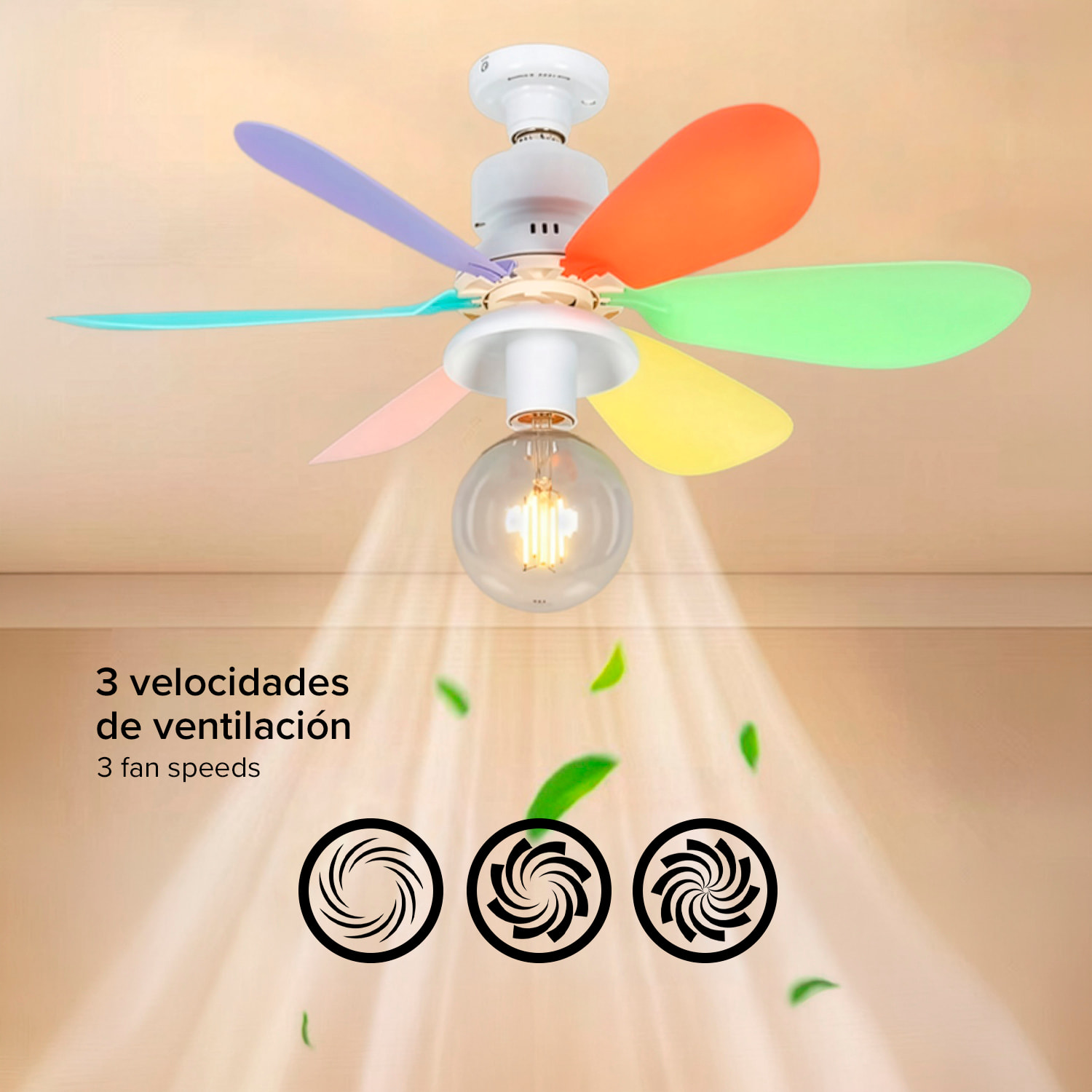 Ventilador de techo FS-HX-DIY-520 de 52 cm. Adaptador E27. Admite bombillas E27, 3 velocidades y mando a distancia.