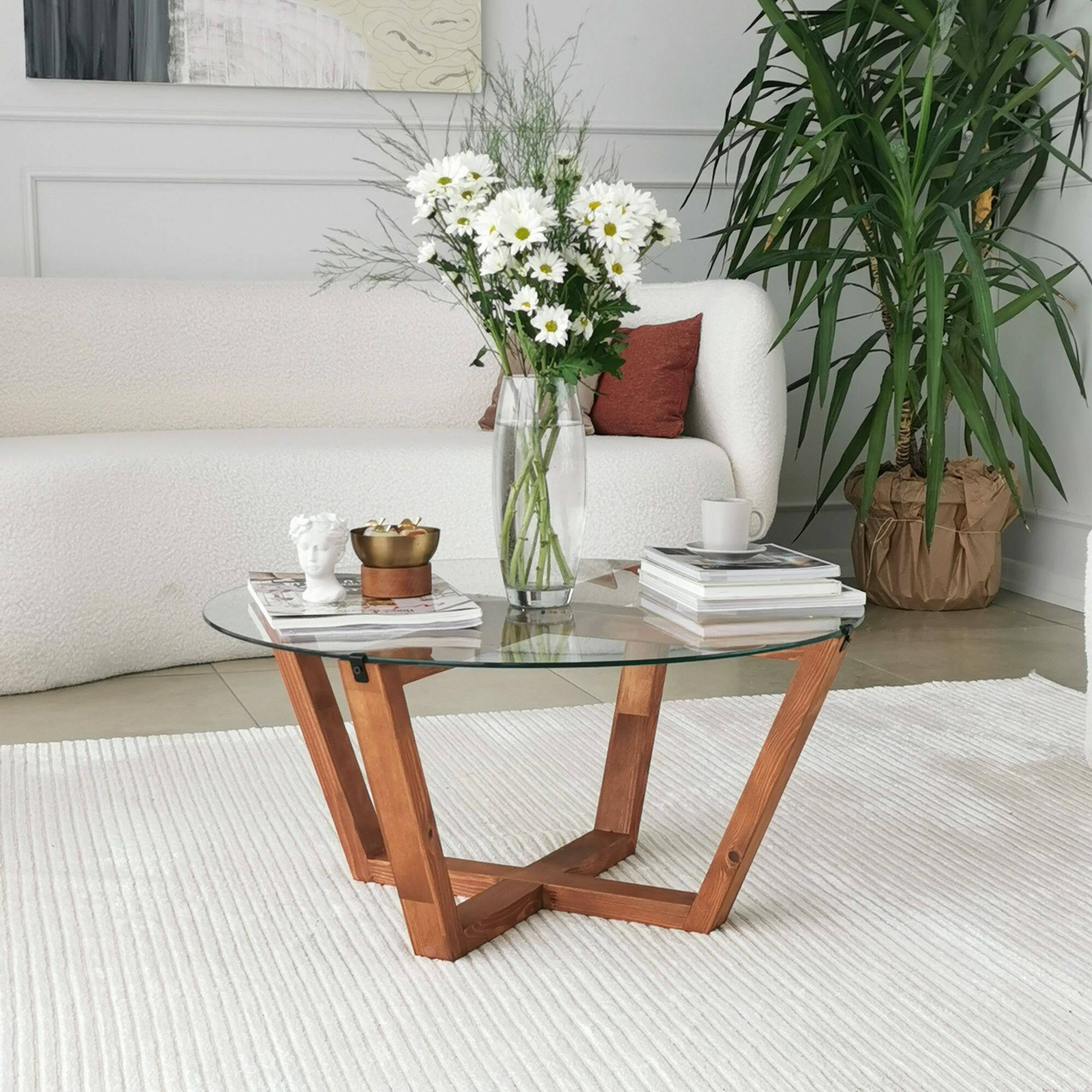 Tavolino da salotto Agatha, Tavolo basso da caffè, Portariviste per divano, Ripiano da soggiorno, 75x75h35 cm, Noce