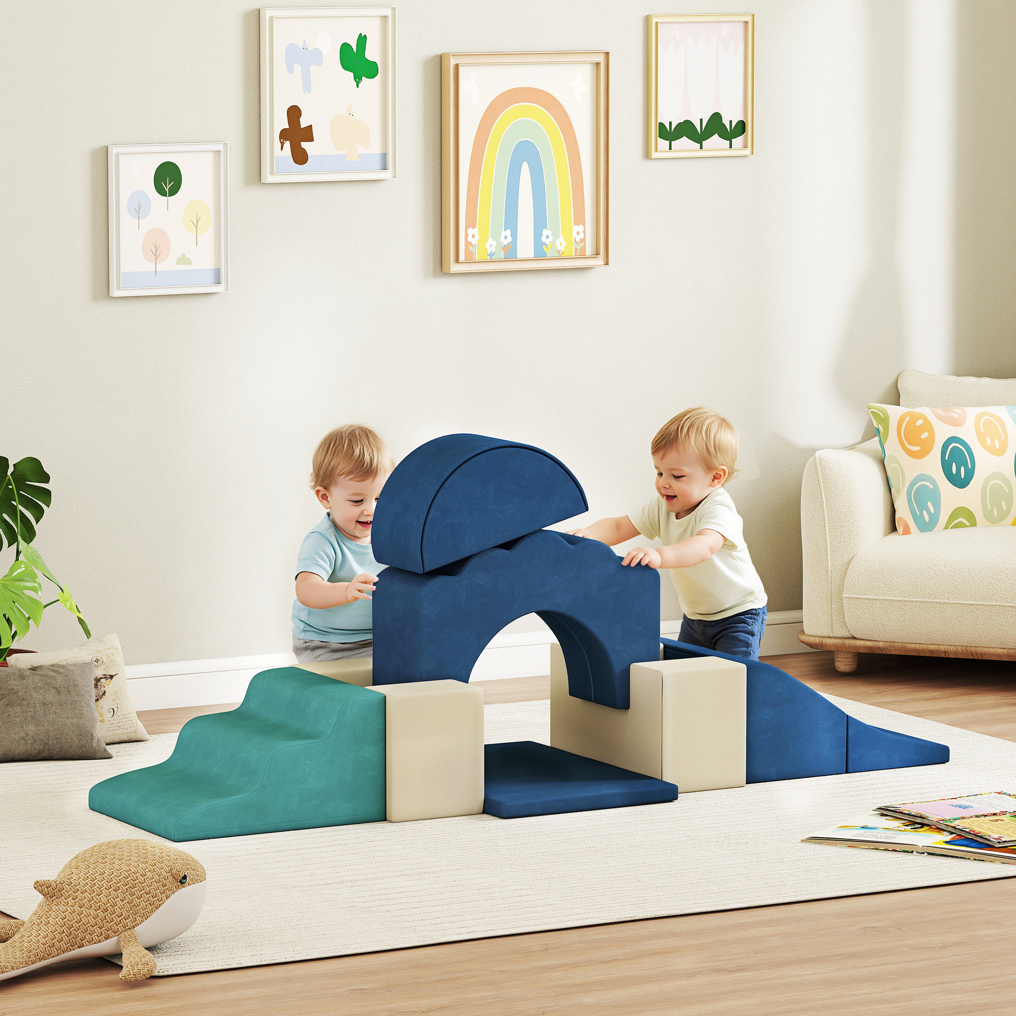 Juego de 7 Bloques de Espuma para Niños, Bloques de Psicomotricidad, Figuras de Construcción, Juguete para Aprendizaje para Escalar y Gatear, Azul Oscuro
