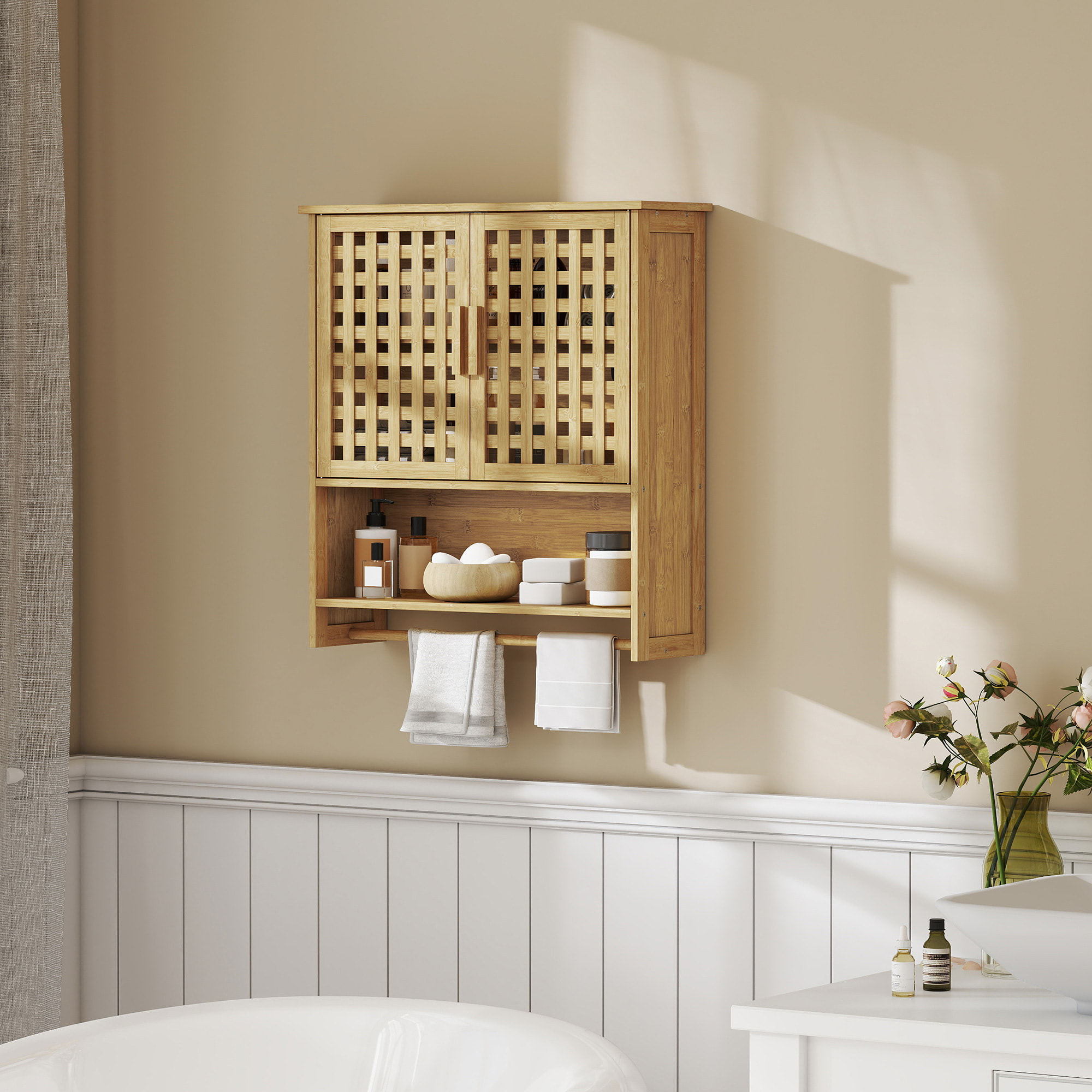 Armario de Baño de Pared de Bambú, Mueble de Baño Colgar con 2 Puertas de Celosía, Estante Abierto y Estante Ajustable, para Cocina, Lavadero, Natural