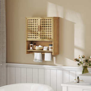 Armario de Baño de Pared de Bambú, Mueble de Baño Colgar con 2 Puertas de Celosía, Estante Abierto y Estante Ajustable, para Cocina, Lavadero, Natural