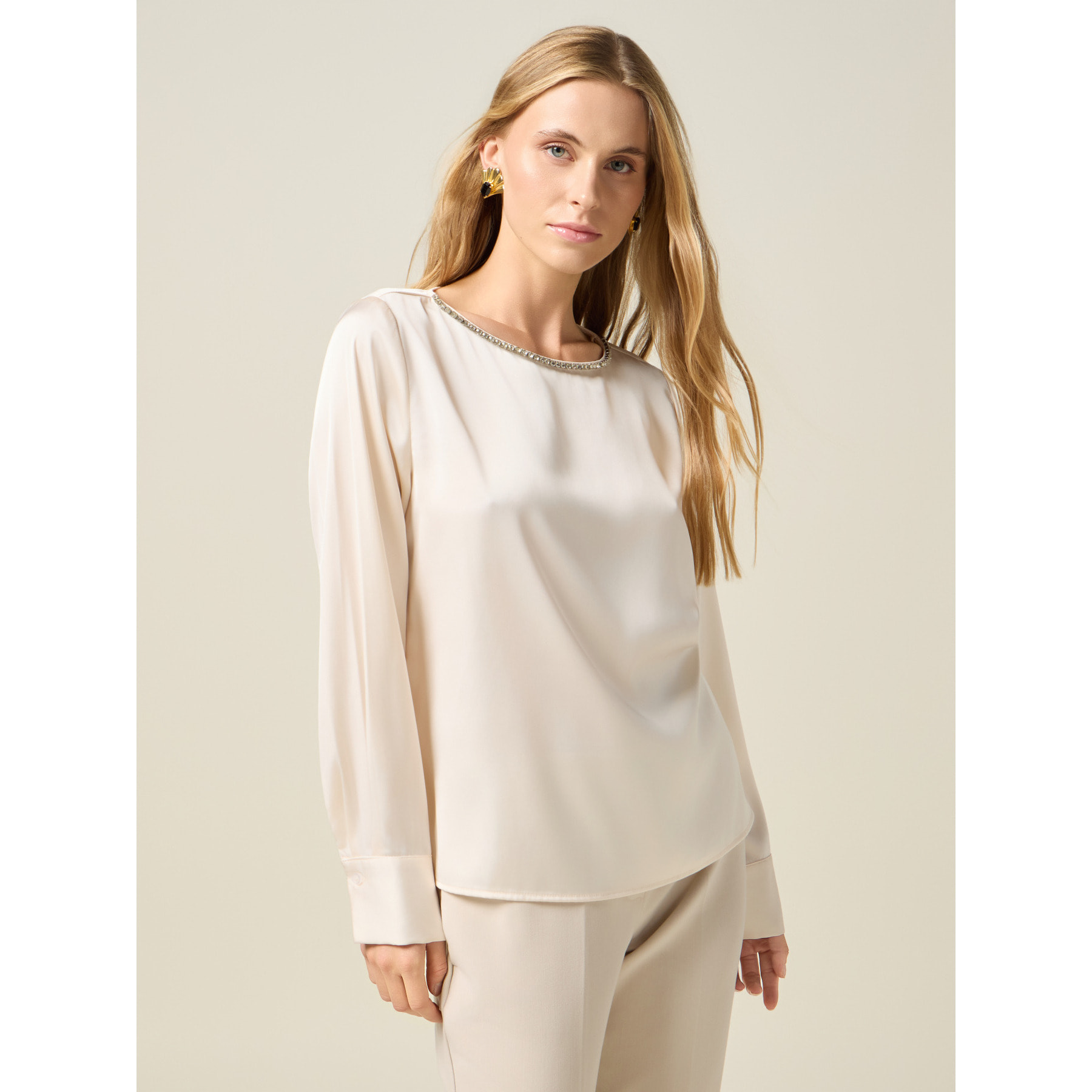 Oltre - Blusa in raso con castoni - Bianco