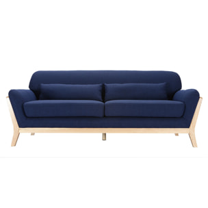 Canapé scandinave 3 places en tissu bleu foncé et bois clair YOKO