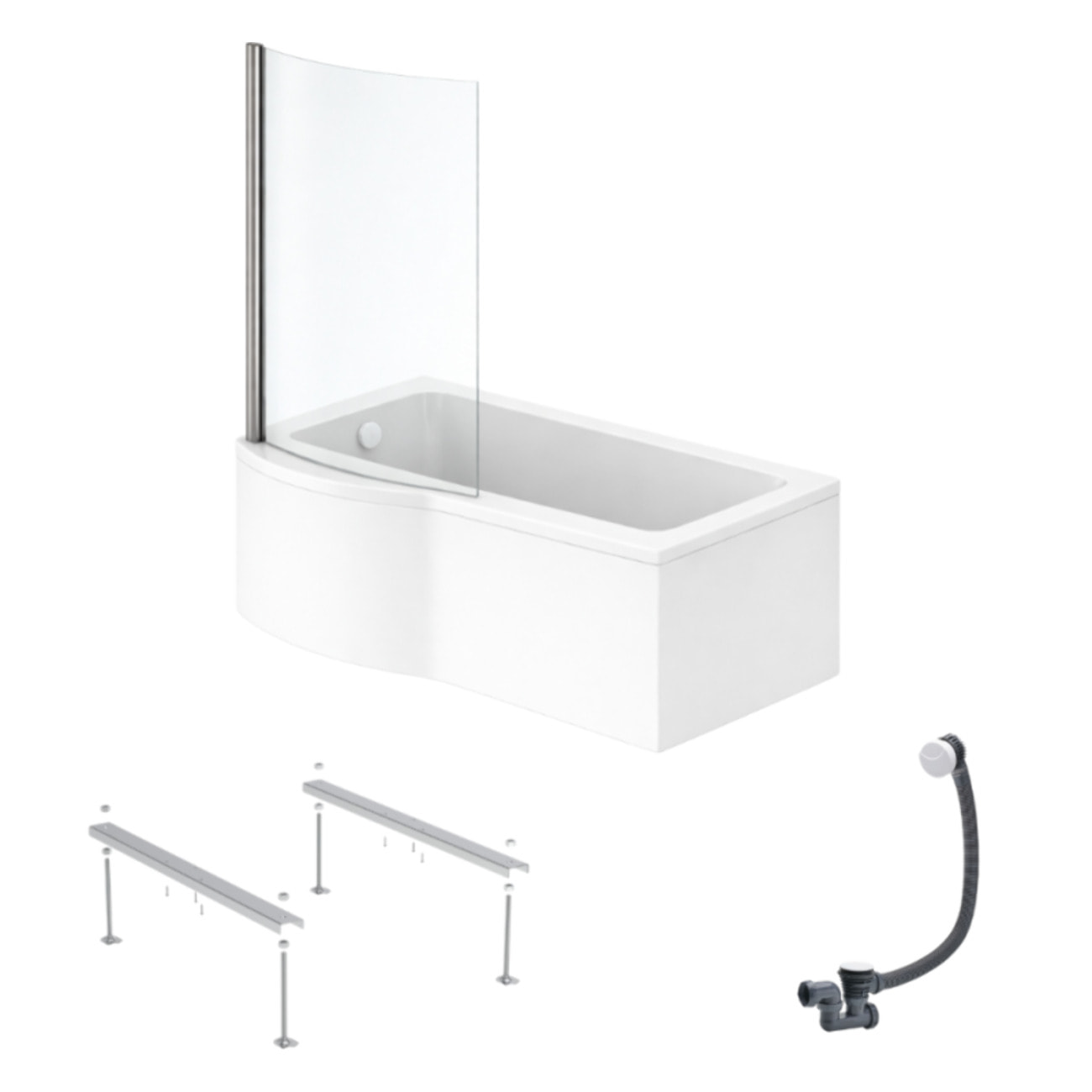 Pack baignoire bain douche 150 x 80 cm gauche Connect Air + tablier + pare bain fixe  + pieds + vidage Blanc