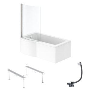 Pack baignoire bain douche 150 x 80 cm gauche Connect Air + tablier + pare bain fixe  + pieds + vidage Blanc