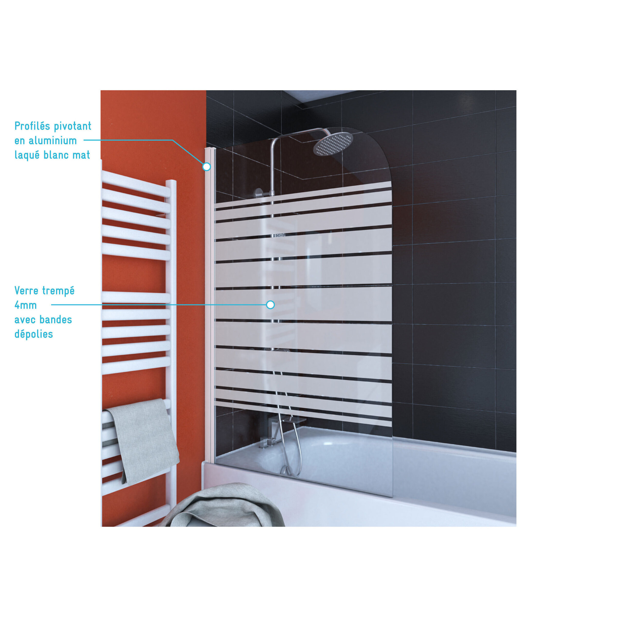 PARE BAIGNOIRE PIVOTANT 130x75cm VERRE SERIGRAPHIE ET PROFILE ALUMINIUM BLANC