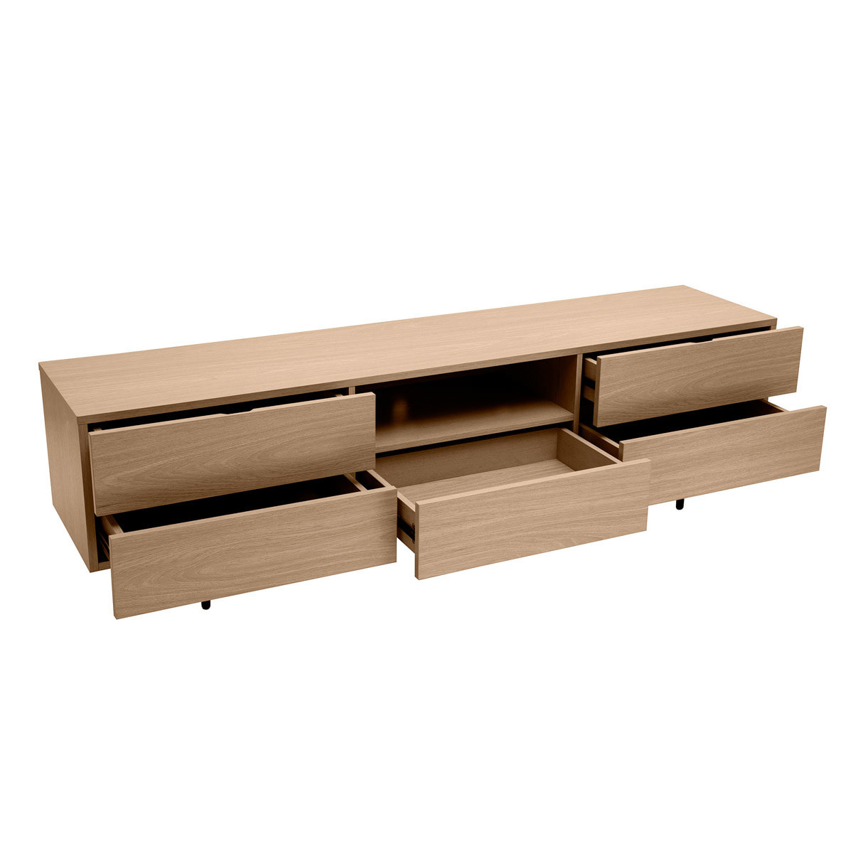 Meuble TV design avec rangements finition bois clair chêne et métal noir L180 cm ALASKA