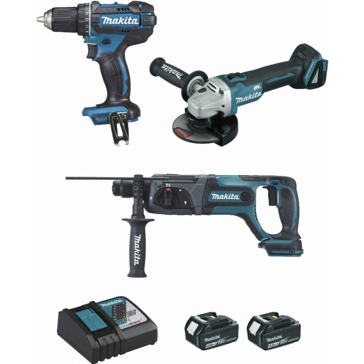 Ensemble de 3 machines 18 V Li-Ion 4 Ah MAKITA Perceuse DDF482 + Meuleuse DGA504 + Perfo DHR241- 2 batteries, chargeur, coffret - DLX3078MJ