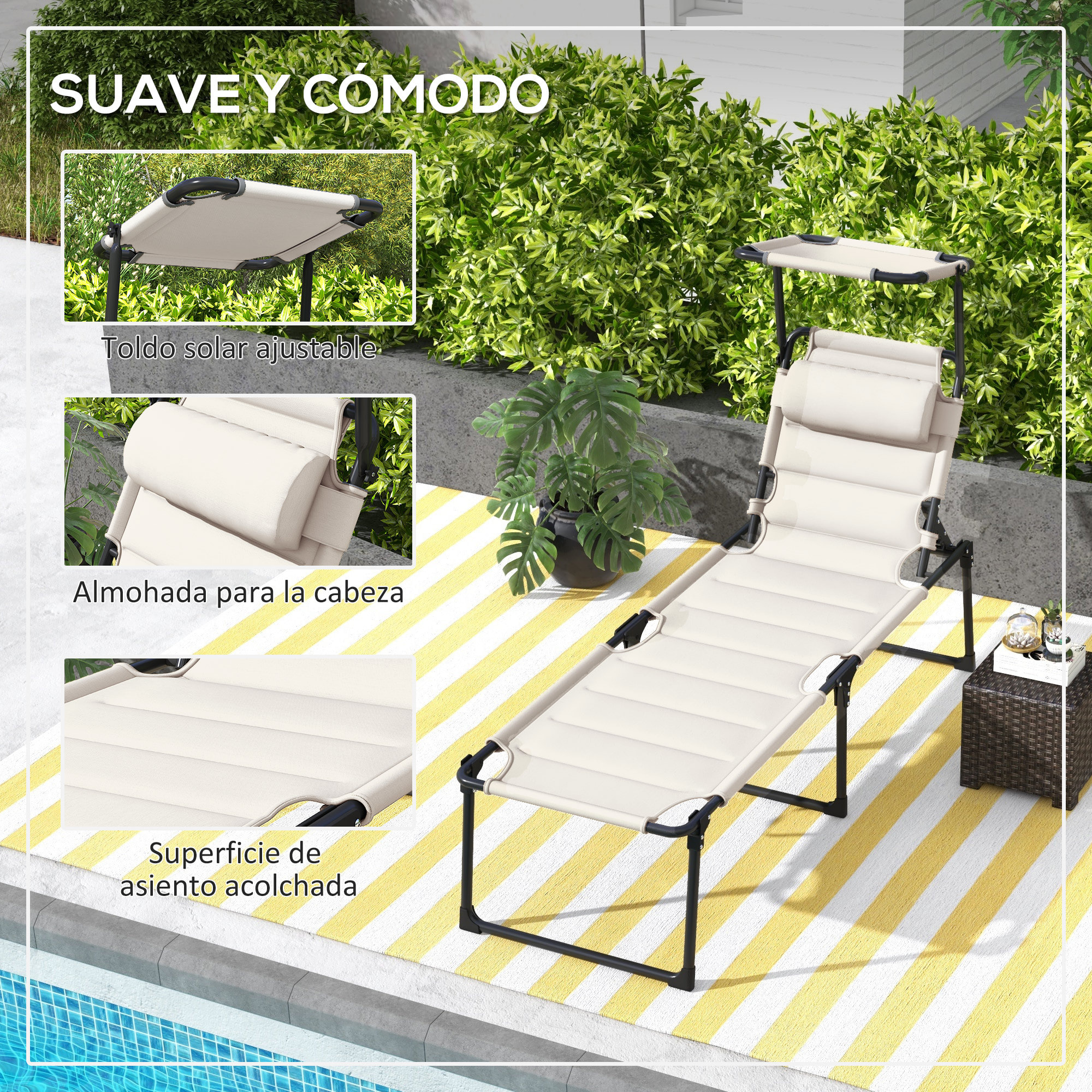 Tumbona Plegable Tumbona de Jardín con Toldo Ajustable Respaldo Regulable en 4 Niveles y Reposacabezas para Terraza Piscina 70x200x45 cm Crema