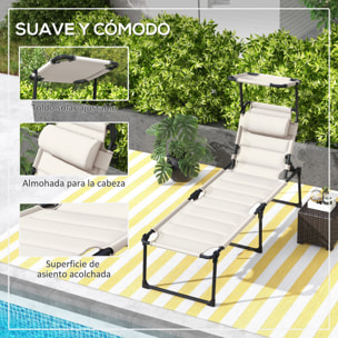 Tumbona Plegable Tumbona de Jardín con Toldo Ajustable Respaldo Regulable en 4 Niveles y Reposacabezas para Terraza Piscina 70x200x45 cm Crema