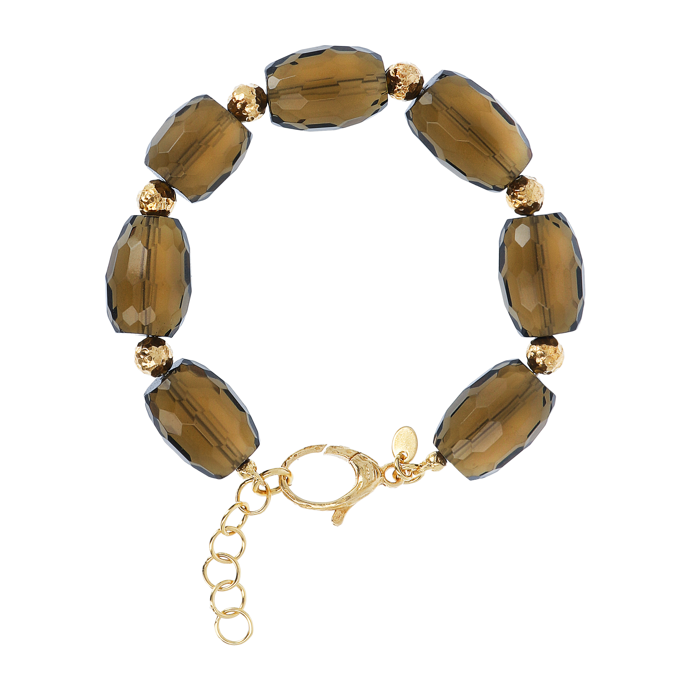 Bracciale in Argento 925 Placcato Oro Giallo 18kt con Quarzo Marrone e Sfere Martellate