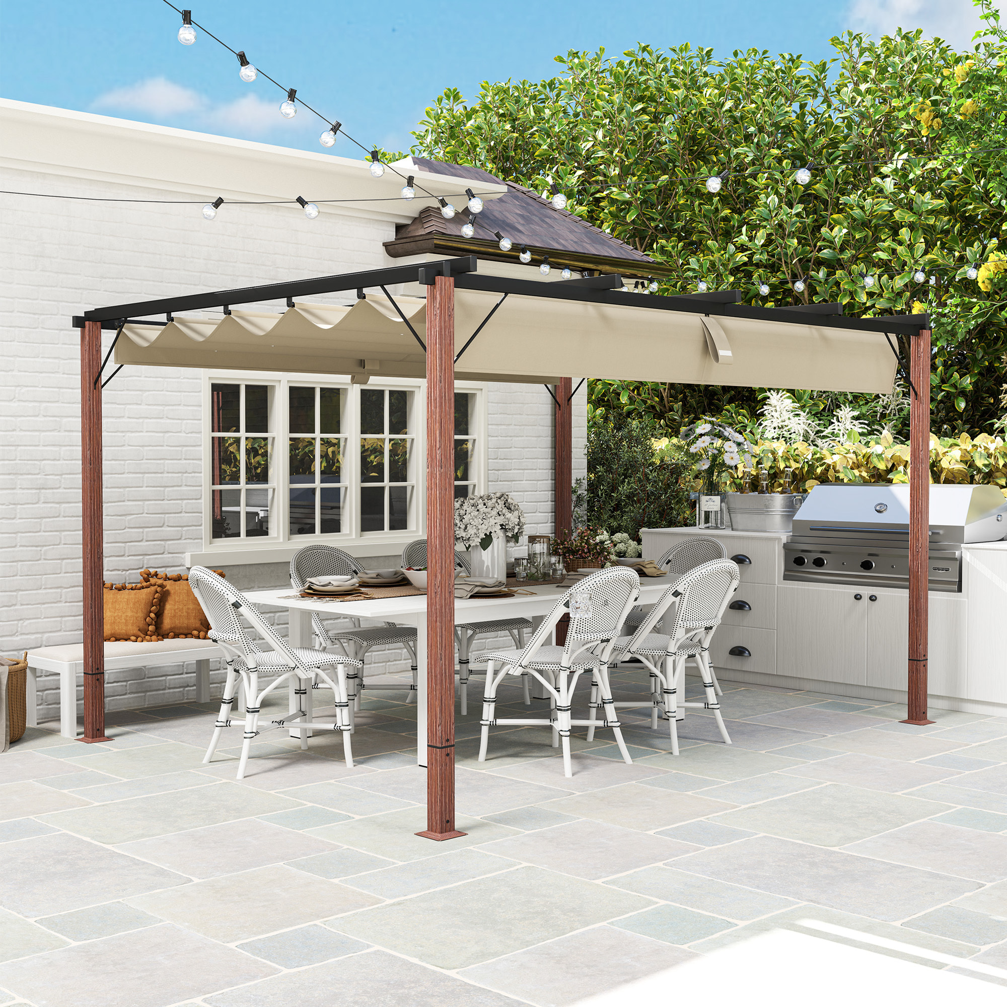 Pérgola con Techo Retráctil Pérgola de Aluminio 4x3 m Cenador con Tela de Poliéster Anti-UV Resistente al Agua Pabellón para Jardín Patio Terraza Exterior Natural y Café