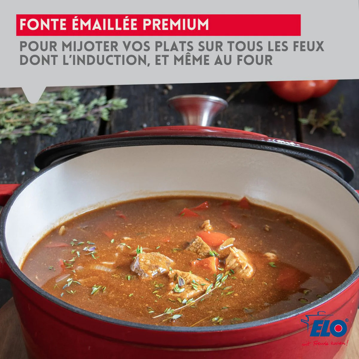 Cocotte en fonte émaillée basse 28 cm rouge cerise 3L Elo