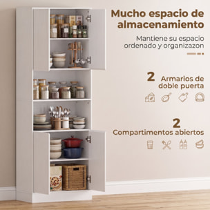 Alacena de Cocina Alta, Mueble Auxiliar de Cocina con 4 Puertas con Bisagras de Cierre Suave, Estantes Ajustables, 2 Compartimentos Abiertos, para Comedor, Salón, 60x30x170 cm, Blanco