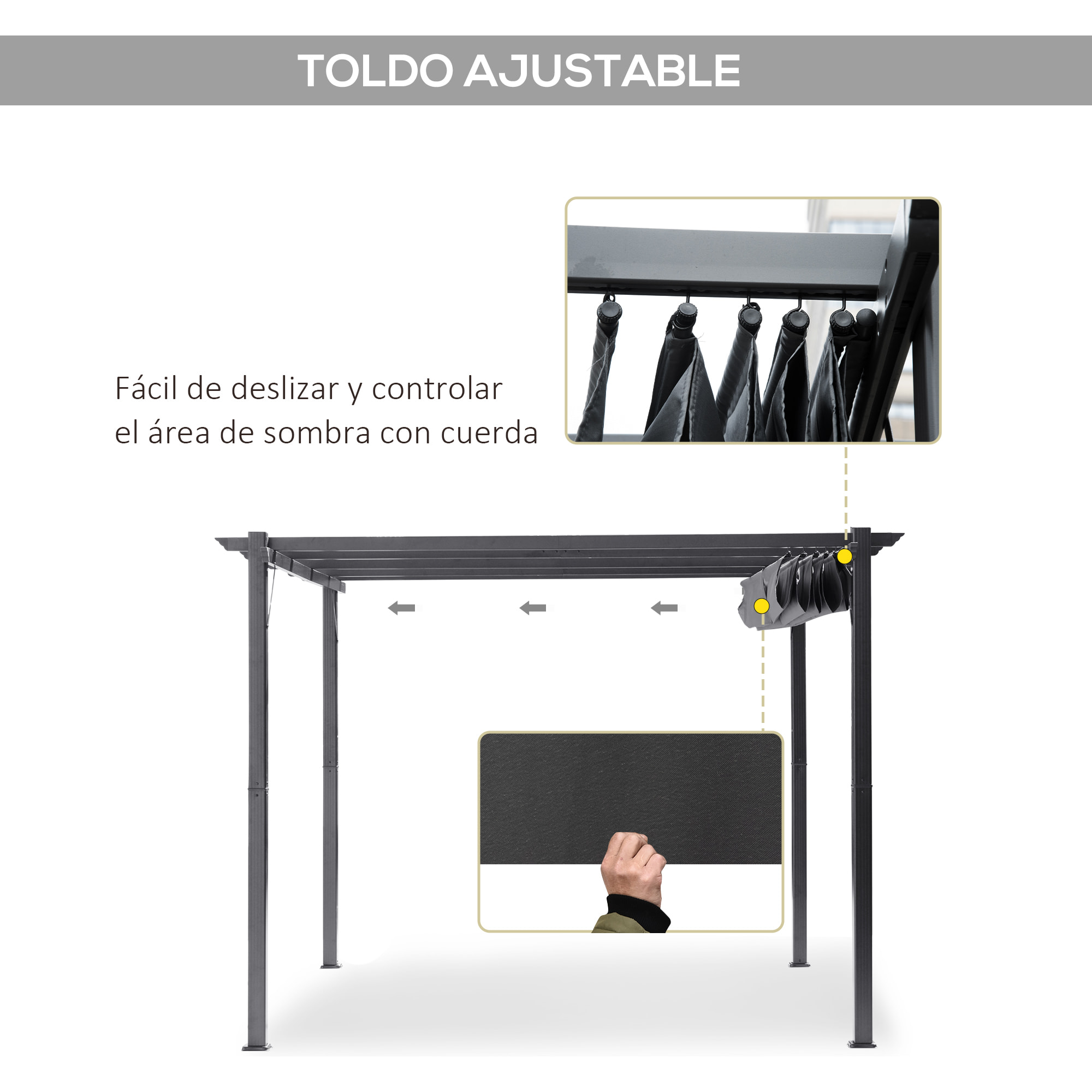 Pérgola de Jardín 3x3 m con Techo Retráctil, Cenador de Jardín con Protección UPF30+, Orificios de Drenaje, Estructura de Aluminio, Pabellón para Patio, Terraza, Exterior, Gris Oscuro