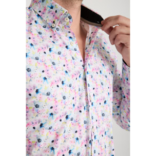 camicia uomo 1 bottone button down slim Popeline Stretch Stampato Bianco Rosa Cipria