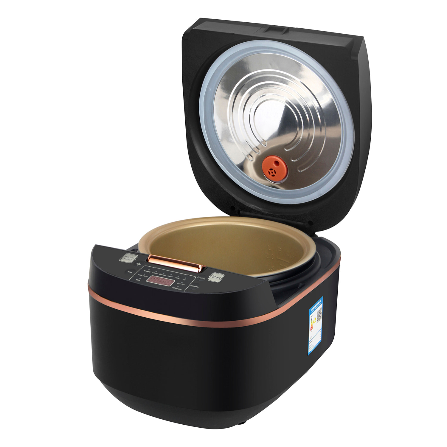 Cuociriso elettrico a calore tridimensionale e 900W. Funzioni e programmi di cottura preimpostati. Ciotola antiaderente a 5 strati con capacità di 5L.