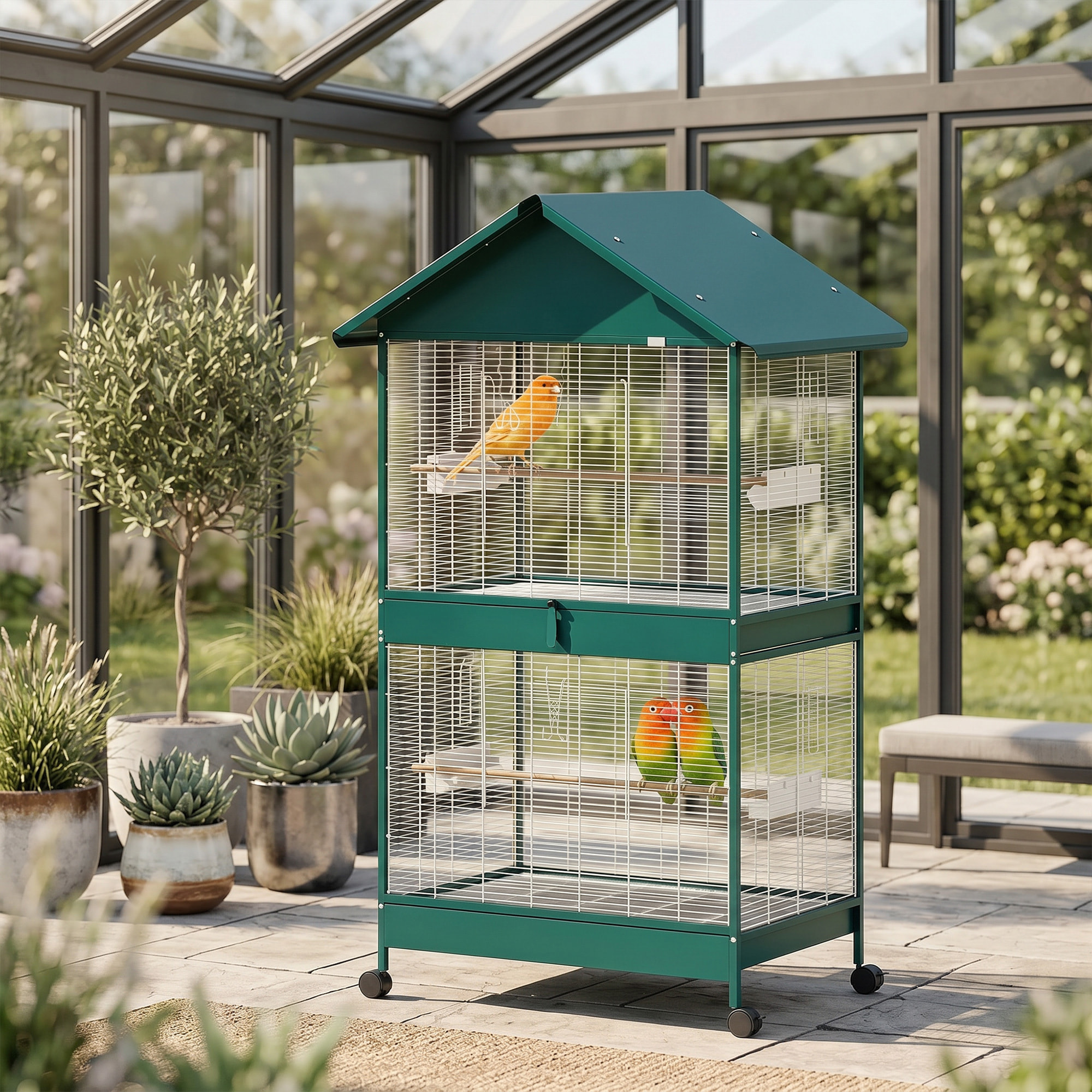 Cage à oiseaux mobile - volière grande taille - séparateur amovible - métal - 94x70x158 cm - vert