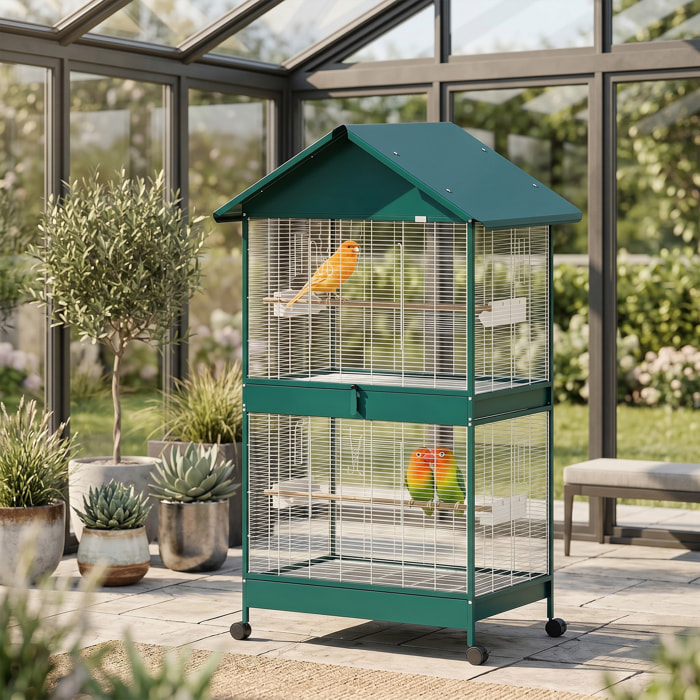 Cage à oiseaux mobile - volière grande taille - séparateur amovible - métal - 94x70x158 cm - vert