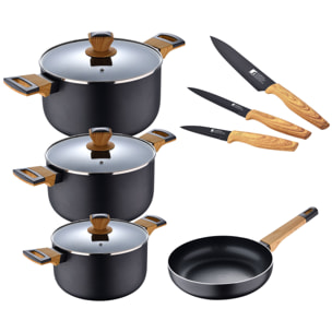 Batería de cocina 10 piezas (3 cacerolas con tapa ø16ø20ø24 + sartén ø24cm + 3 cuchillos) en aluminio prensado para inducción bergner