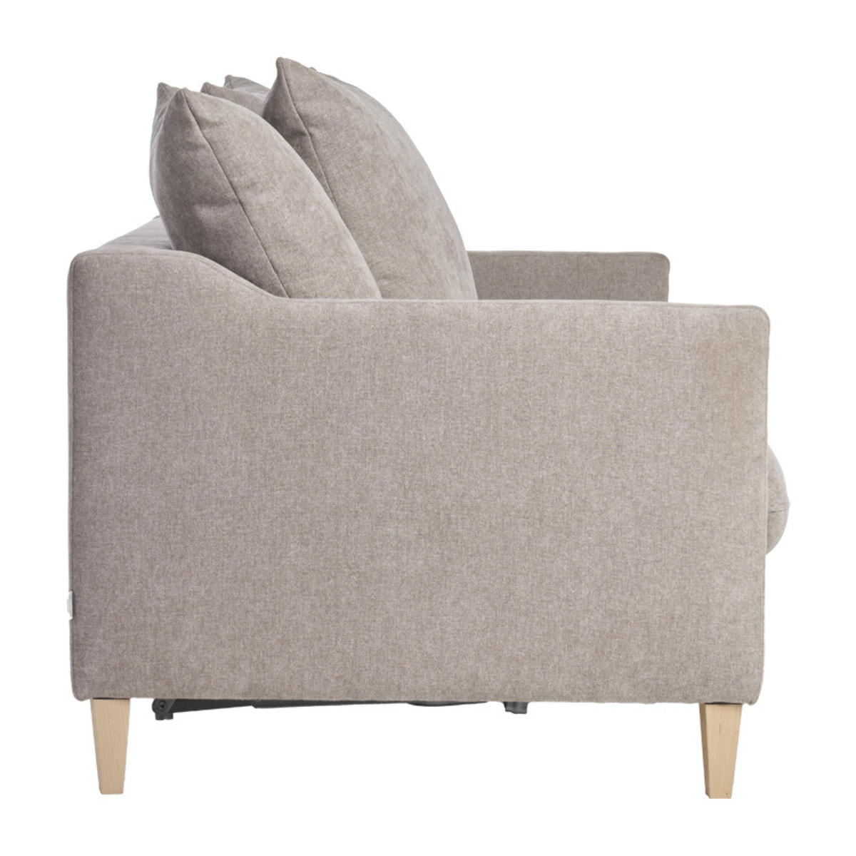 Canapé convertible scandinave 3 places en tissu effet velours taupe et bois clair LOUISE