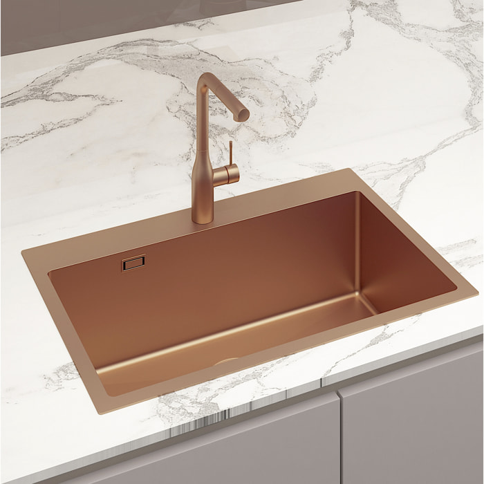 Swiss Aqua Technologies Aurum Évier de cuisine encastrable inox 304, 1 bac, 68x45x21 cm, Cuivre brossé PVD